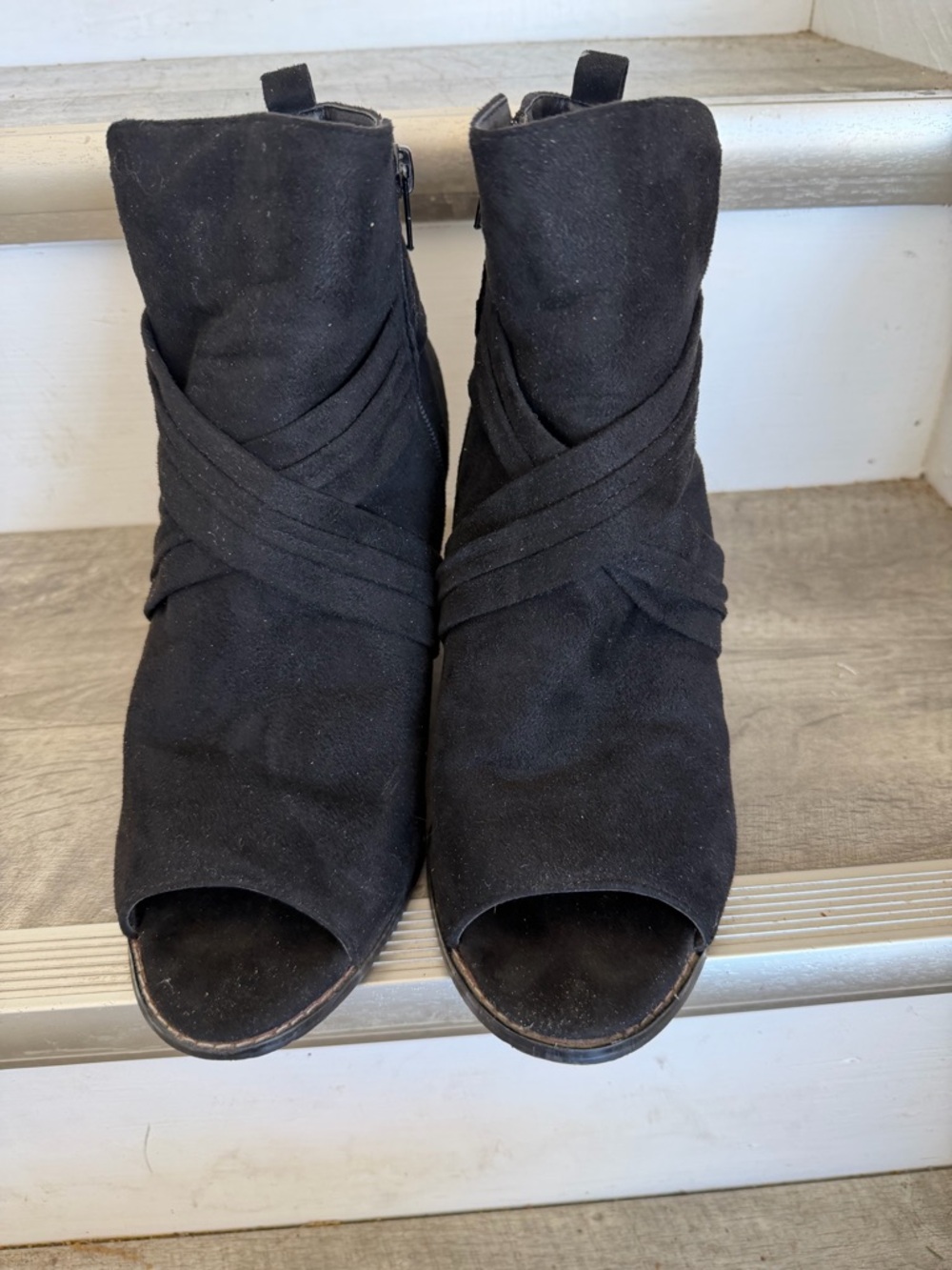 Black Peep-Toe Ankle Booties with Wrap Detail